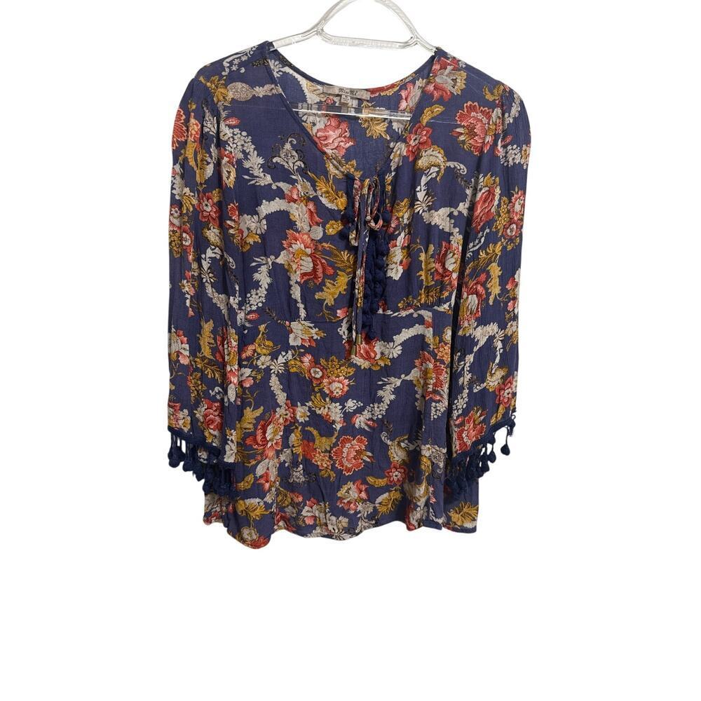 Miss Me Boho Floral Peasant Blouse Multi Tie Neck Tassel Sleeve Top Womens Med - Picture 2 of 11